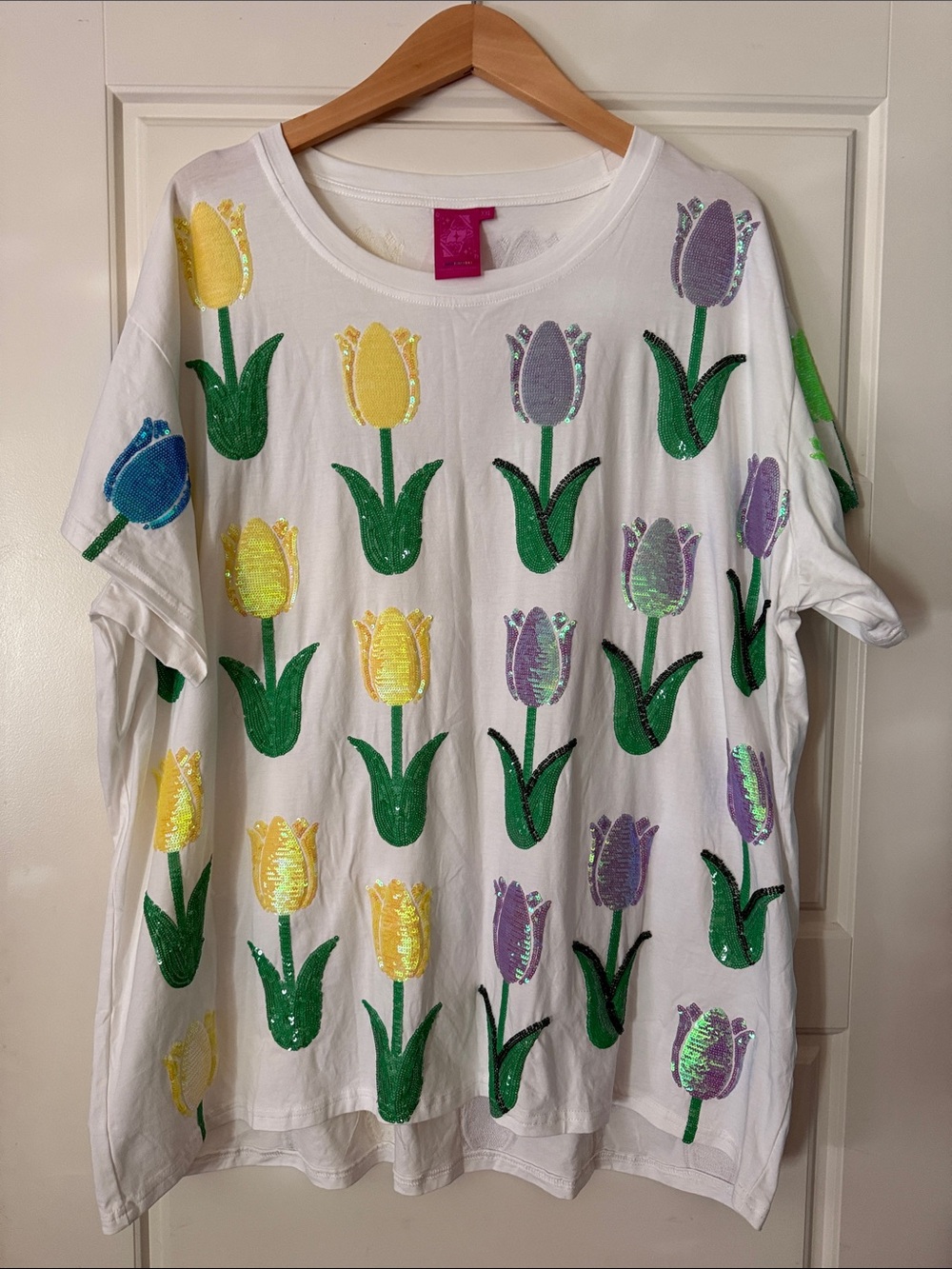 QUEEN OF SPARKLES White Tee with Yellow, Purple & Green Sequin Tulips